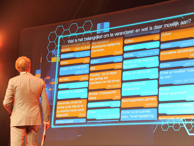 Foto Rens de Jong en scherm met uitkomsten van de poll 'Wat is het belangrijkst om te veranderen…?'