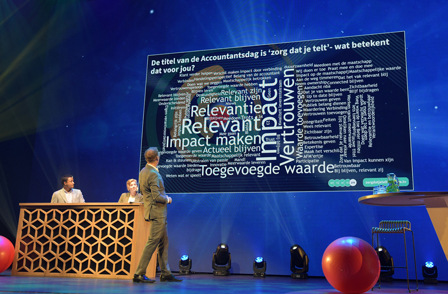Rens de Jong kijkt naar het scherm met woordwolk op het podium tijdens de opening van de Accountantsdag 2024