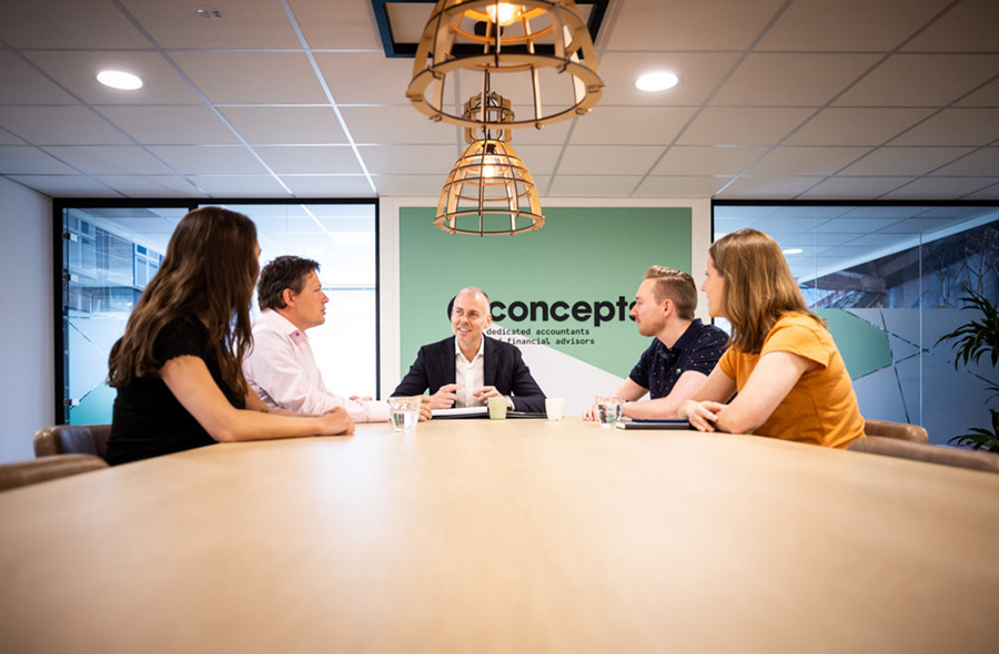 Cor Pijnenburg met vier collega's van Qconcepts aan een vergadertafel